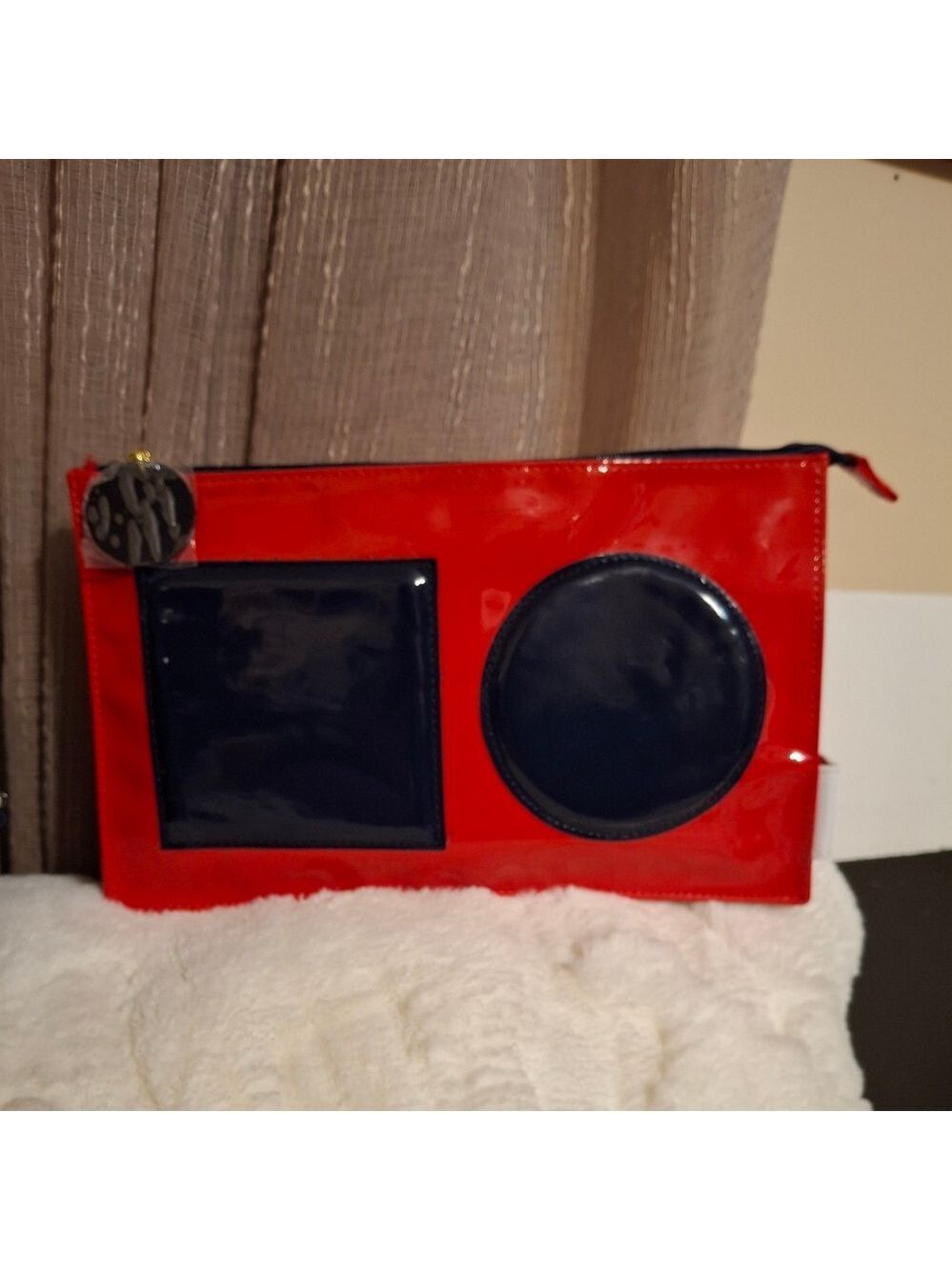 Estee Lauder Red Vinyl Cosmetics Clutch Pouch with Navy Geometric Accents NWOT